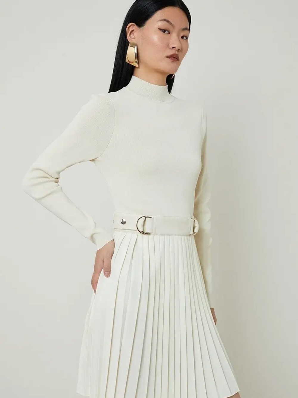 KarenMillen Viscose Blend Knit Dress With Woven Pleated Skirt Pu Belt